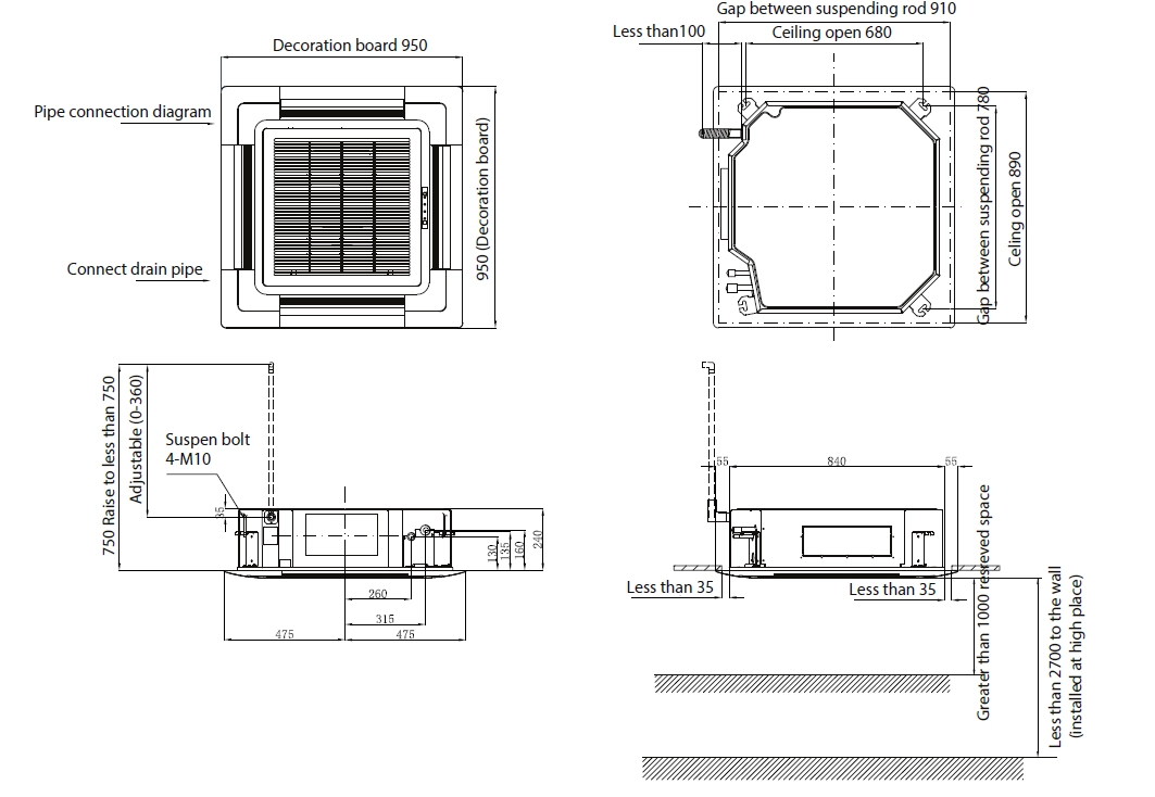 MyCond 4-way cassette (840*840) overall dimensions