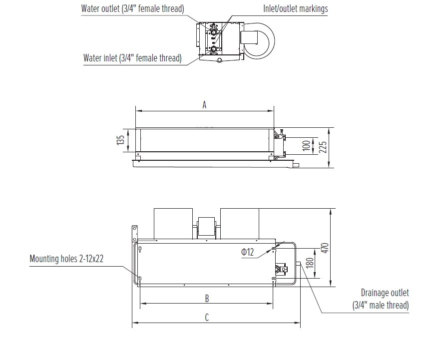 MyCond MCFC Diagram of Medium ESP fan coil unit dimensions and specifications.